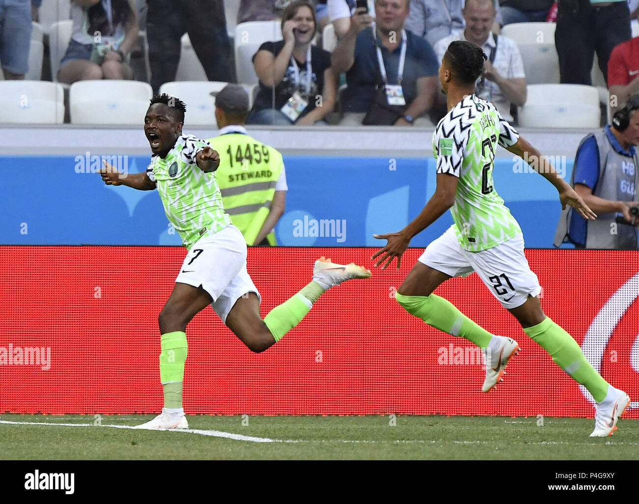 Volgograd, Russia. 22nd June, 2018. Ahmed Musa (L) of Nigeria celebrates scoring during the 2018 FIFA World Cup Group D match between Nigeria and Iceland in Volgograd, Russia, June 22, 2018. Credit: He Canling/Xinhua/Alamy Live News Stock Photo