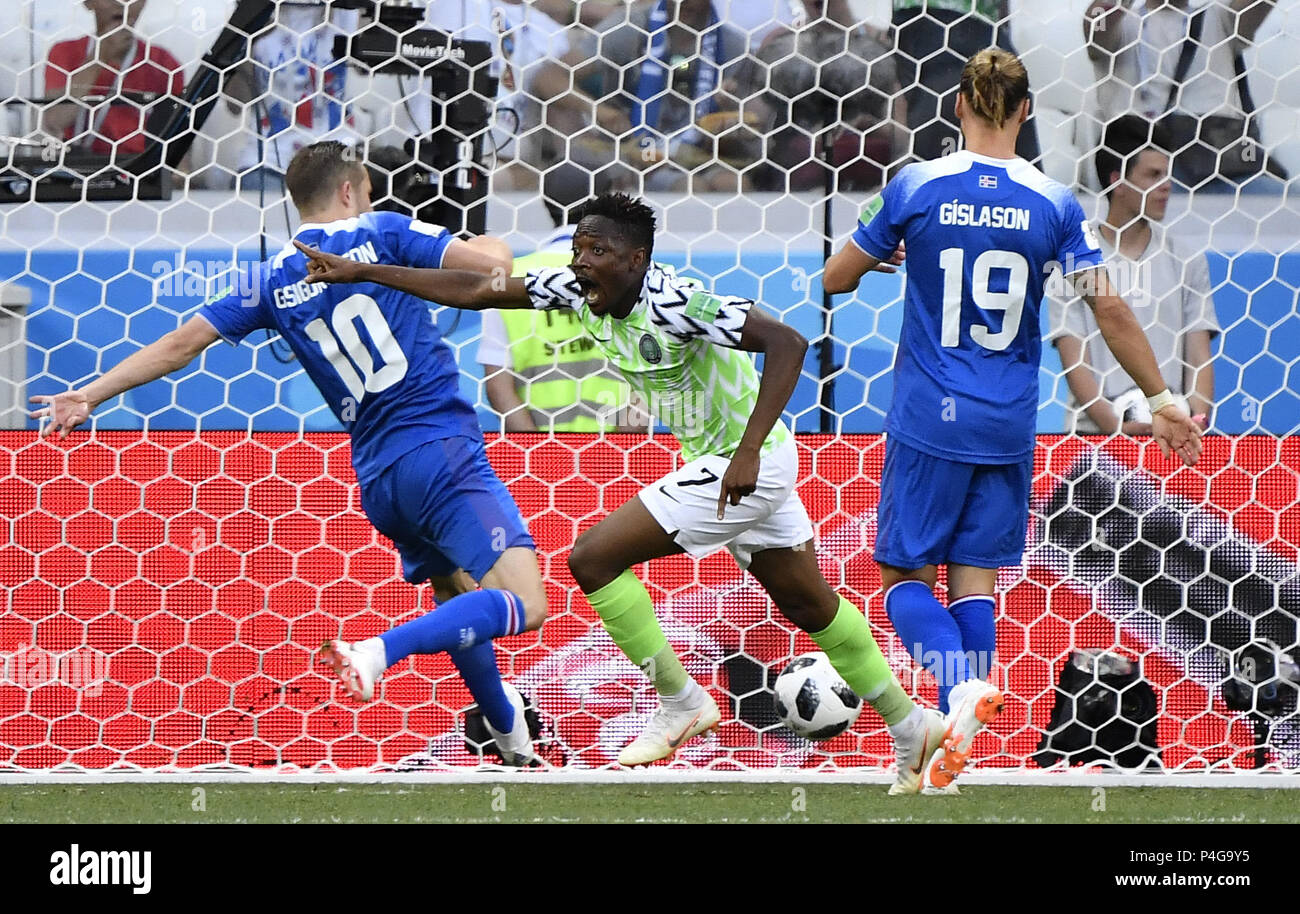 Volgograd, Russia. 22nd June, 2018. Ahmed Musa (C) of Nigeria celebrates scoring during the 2018 FIFA World Cup Group D match between Nigeria and Iceland in Volgograd, Russia, June 22, 2018. Credit: He Canling/Xinhua/Alamy Live News Stock Photo