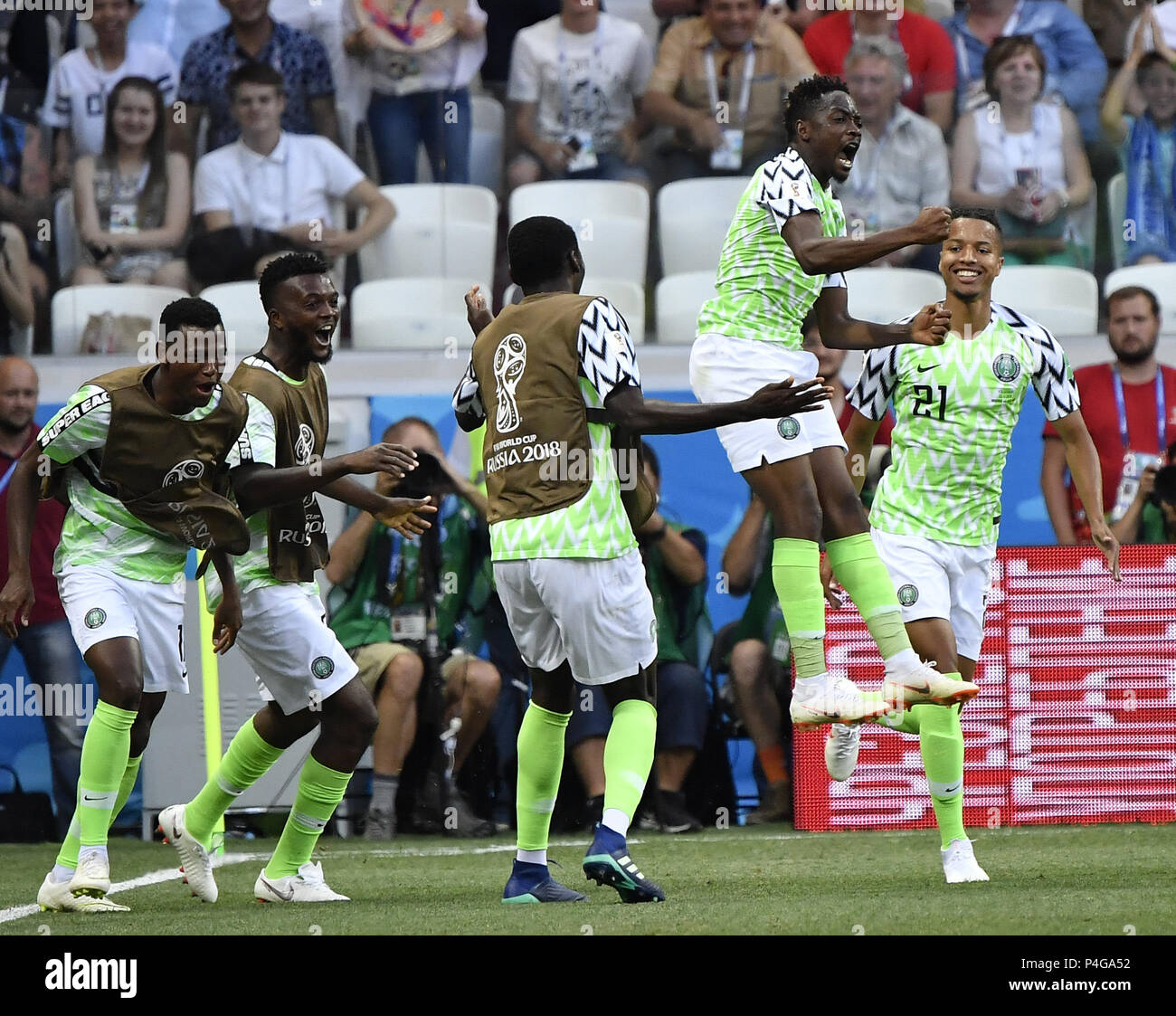 Volgograd, Russia. 22nd June, 2018. Ahmed Musa (2nd R) of Nigeria celebrates scoring during the 2018 FIFA World Cup Group D match between Nigeria and Iceland in Volgograd, Russia, June 22, 2018. Credit: He Canling/Xinhua/Alamy Live News Stock Photo