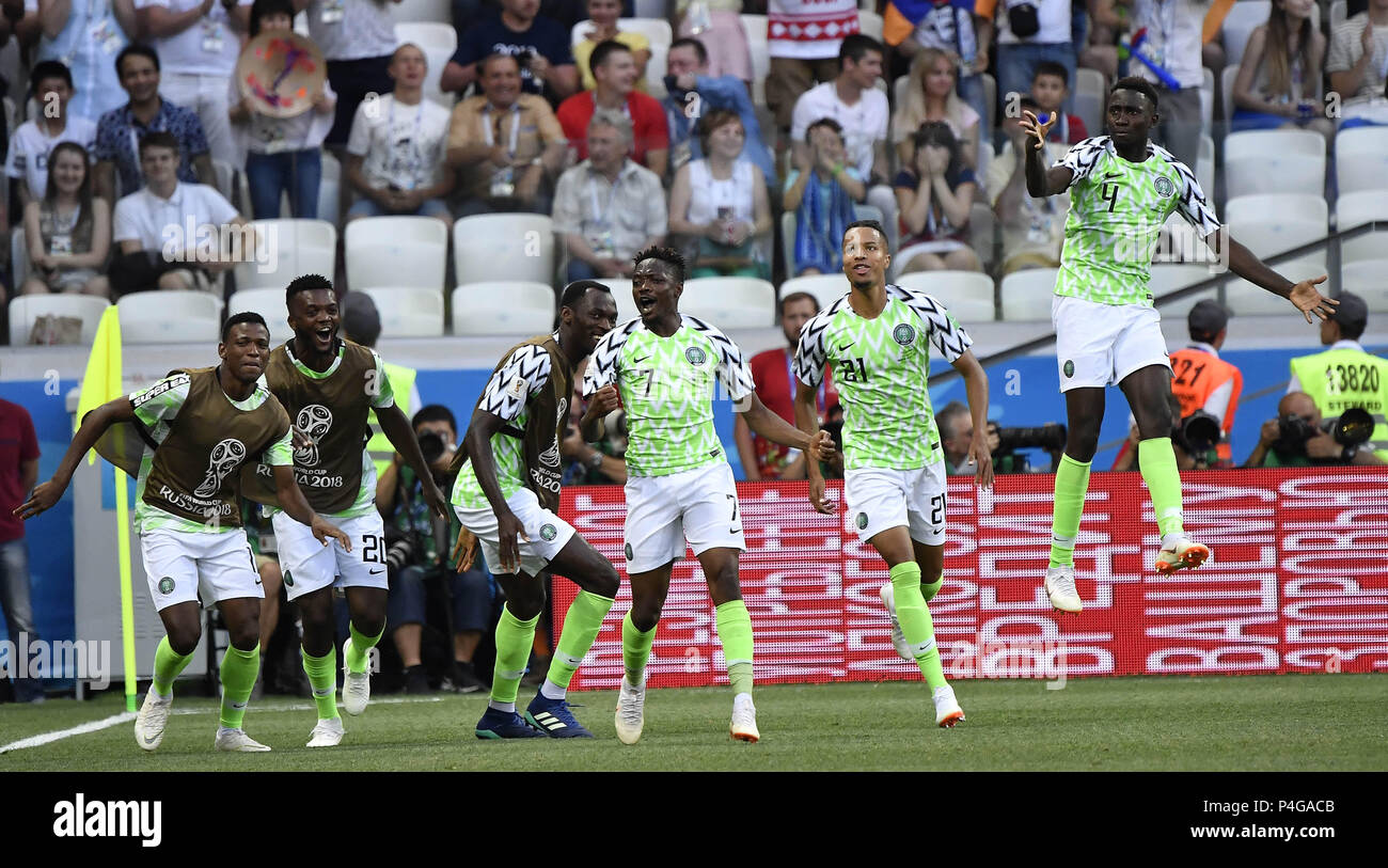 Volgograd Russia 22nd June 18 Ahmed Musa C Of Nigeria Celebrates Scoring With Teammates During The 18 Fifa World Cup Group D Match Between Nigeria And Iceland In Volgograd Russia June 22