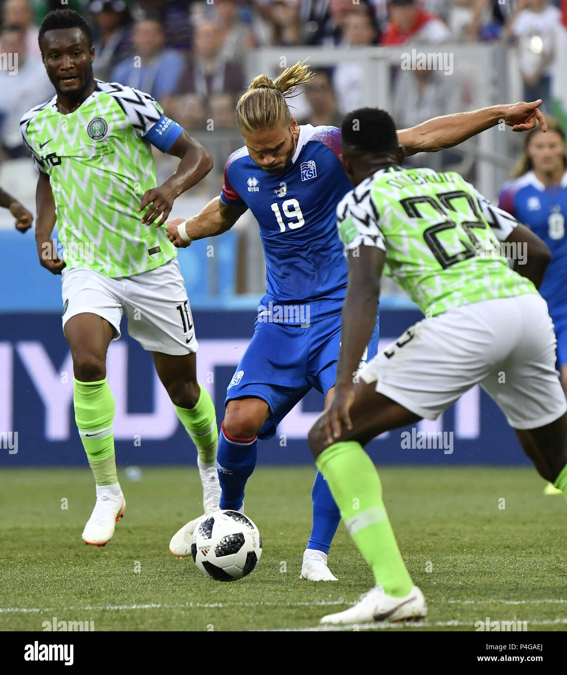 Volgograd, Russia. 22nd June, 2018. Rurik Gislason (C) of Iceland competes during the 2018 FIFA World Cup Group D match between Nigeria and Iceland in Volgograd, Russia, June 22, 2018. Nigeria won 2-0. Credit: He Canling/Xinhua/Alamy Live News Stock Photo