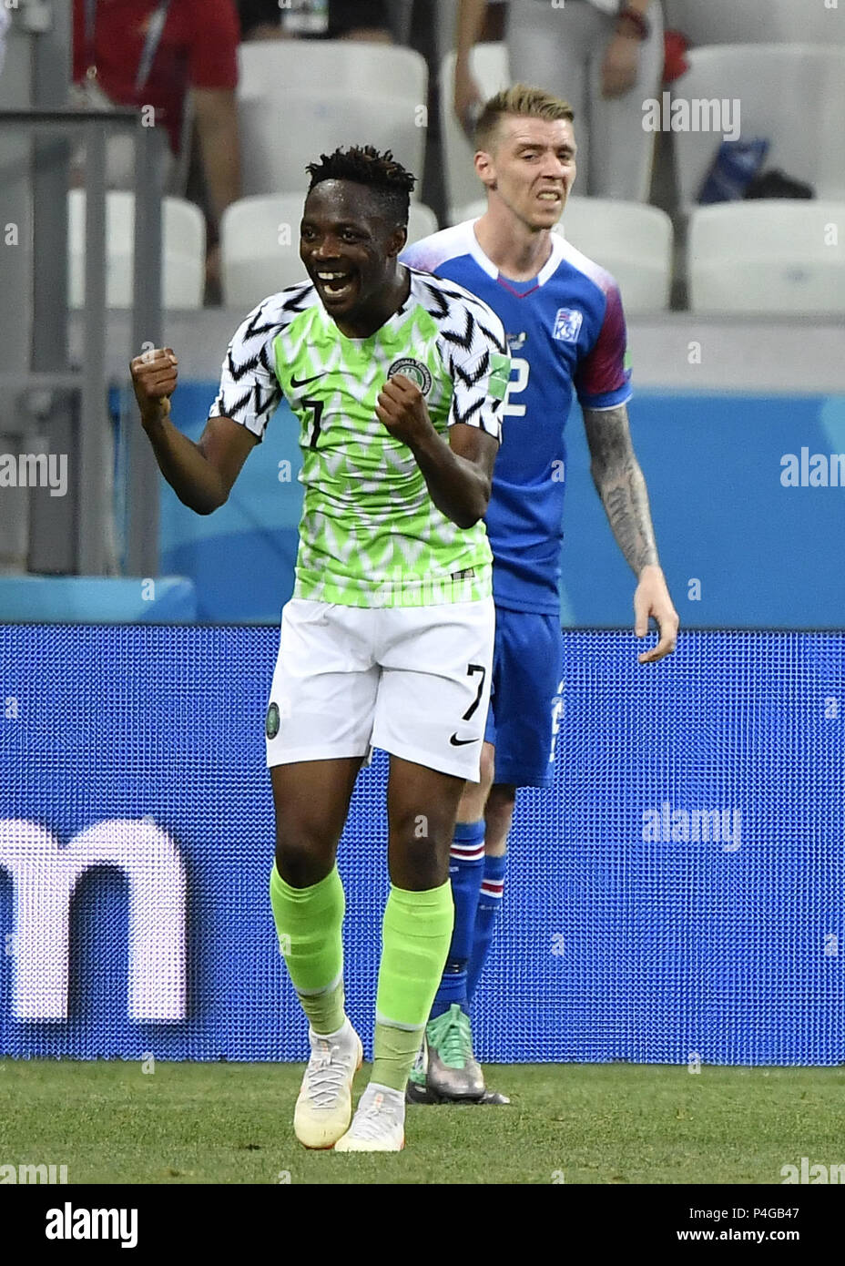 Volgograd, Russia. 22nd June, 2018. Ahmed Musa (front) of Nigeria celebrates victory after the 2018 FIFA World Cup Group D match between Nigeria and Iceland in Volgograd, Russia, June 22, 2018. Nigeria won 2-0. Credit: He Canling/Xinhua/Alamy Live News Stock Photo