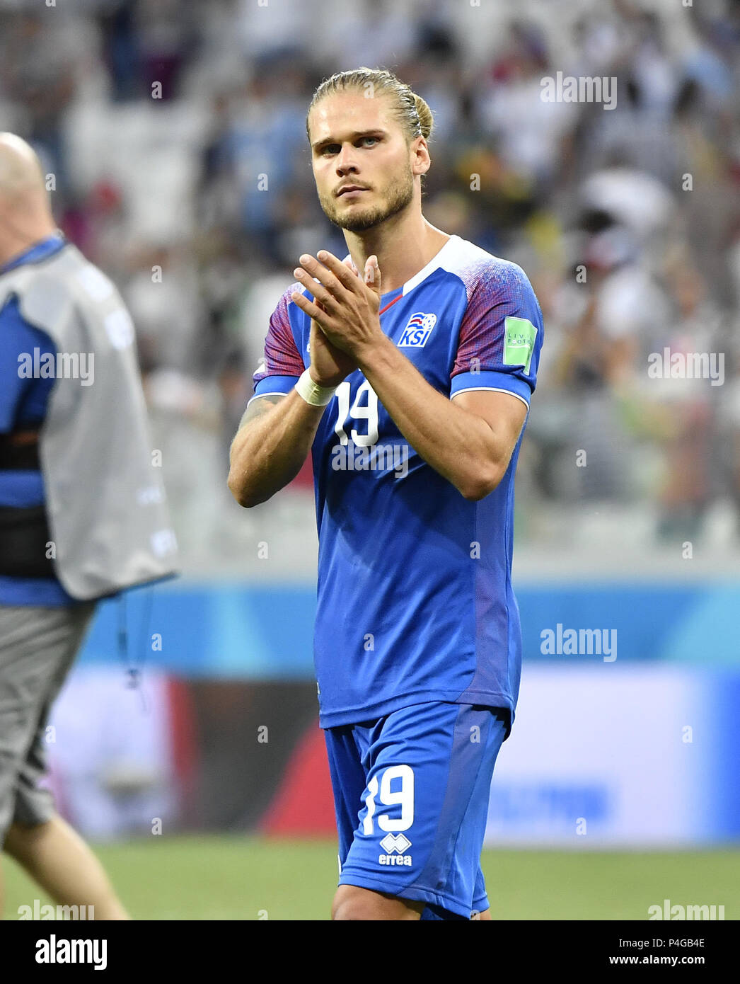 Volgograd, Russia. 22nd June, 2018. Rurik Gislason of Iceland greets the audience after the 2018 FIFA World Cup Group D match between Nigeria and Iceland in Volgograd, Russia, June 22, 2018. Nigeria won 2-0. Credit: He Canling/Xinhua/Alamy Live News Stock Photo