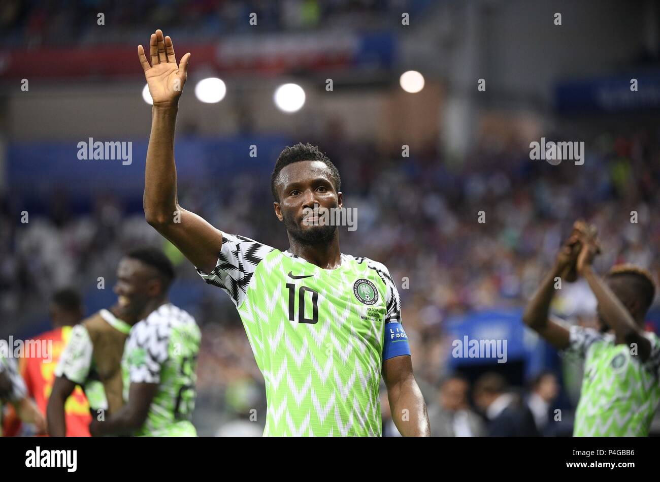 Volgograd, Russia. 22nd June, 2018. John Obi Mikel of Nigeria greets the audience after the 2018 FIFA World Cup Group D match between Nigeria and Iceland in Volgograd, Russia, June 22, 2018. Nigeria won 2-0. Credit: Lui Siu Wai/Xinhua/Alamy Live News Stock Photo