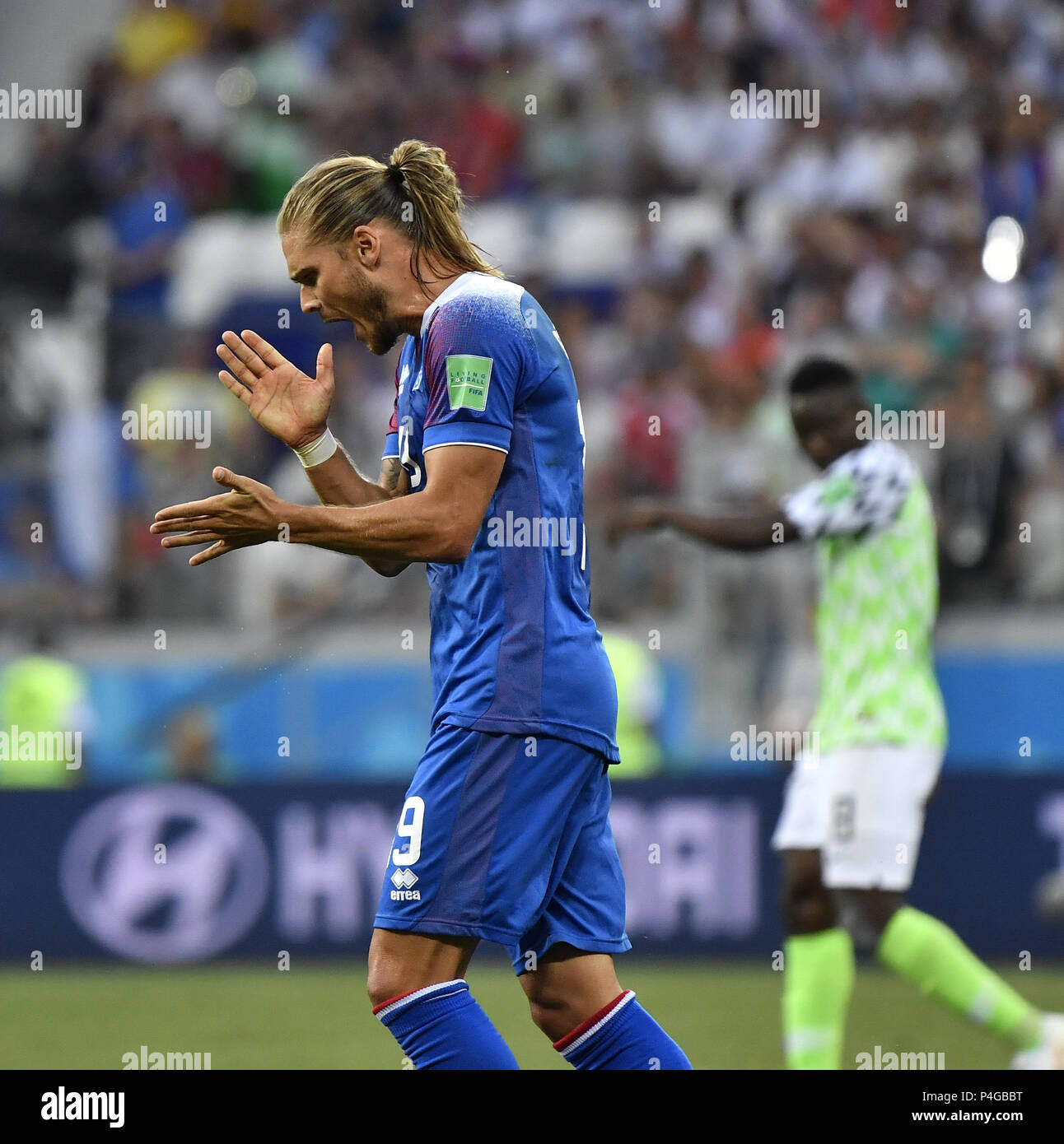 Volgograd, Russia. 22nd June, 2018. Rurik Gislason of Iceland reacts during the 2018 FIFA World Cup Group D match between Nigeria and Iceland in Volgograd, Russia, June 22, 2018. Nigeria won 2-0. Credit: He Canling/Xinhua/Alamy Live News Stock Photo