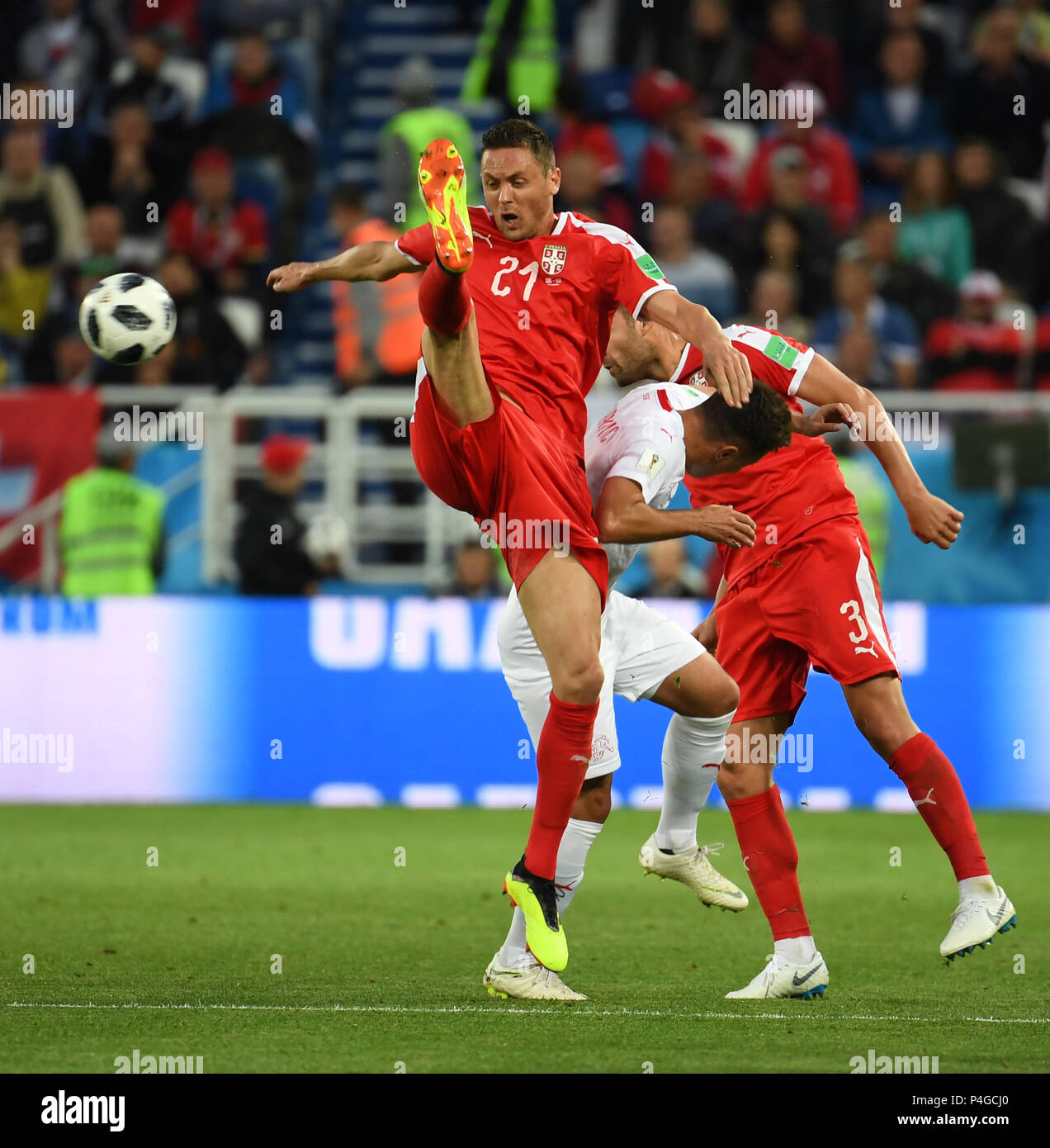 Kaliningrad, Russia. 22nd June, 2018. Nemanja Matic (L) of Serbia competes during the 2018 FIFA World Cup Group E match between Switzerland and Serbia in Kaliningrad, Russia, June 22, 2018. Credit: Chen Cheng/Xinhua/Alamy Live News Stock Photo