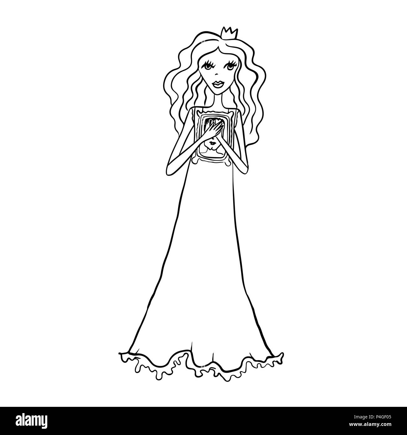 Cute princess dreams about charming prince. Simple black and white art for coloring book. Vector illustration. Stock Vector