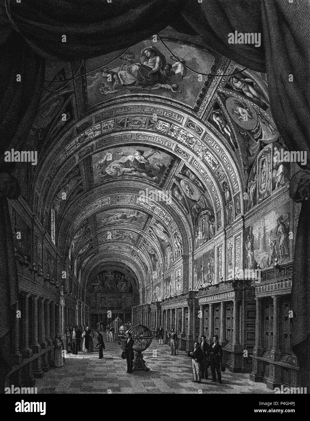 VISTA DE LA BIBLIOTECA DEL REAL MONASTERIO DE SAN LORENZO DEL ESCORIAL - GRABADO SIGLO XIX. Author: Fernando Brambila (1763-1832). Location: MUSEO ROMANTICO-GRABADO, MADRID, SPAIN. Stock Photo