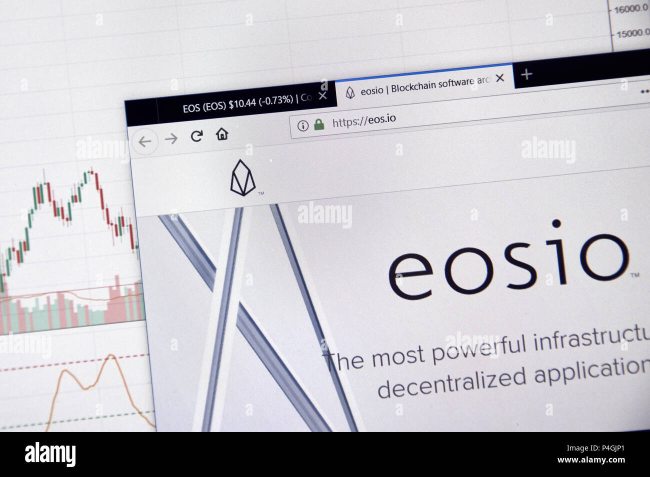 MONTREAL, CANADA - JUNE 20, 2018: Eos crypto currency home page. Cryptocurrency is a digital currency in which encryption techniques are used to gener Stock Photo