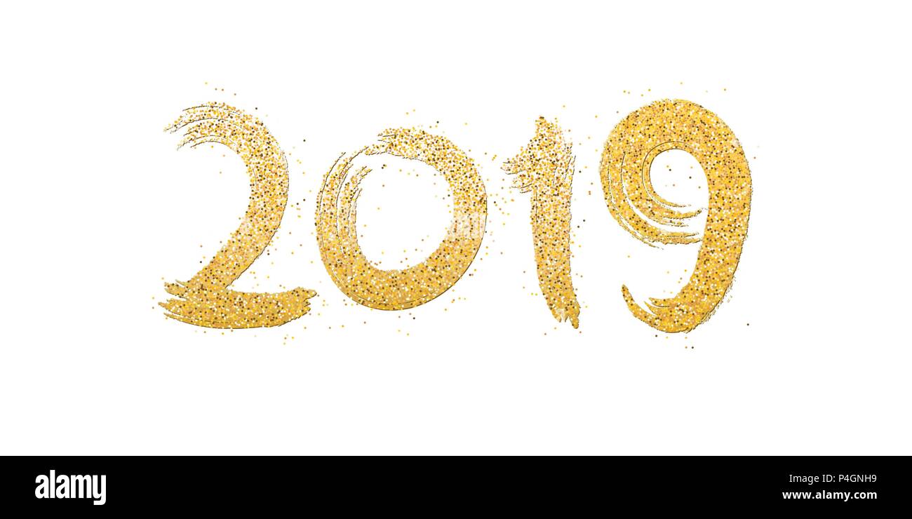 Happy new year 2019. Numbers of golden glitters on a white background. Gold sand, glitters. Hand drawn. Gold calligraphy. Brush in grunge style. Vecto Stock Vector