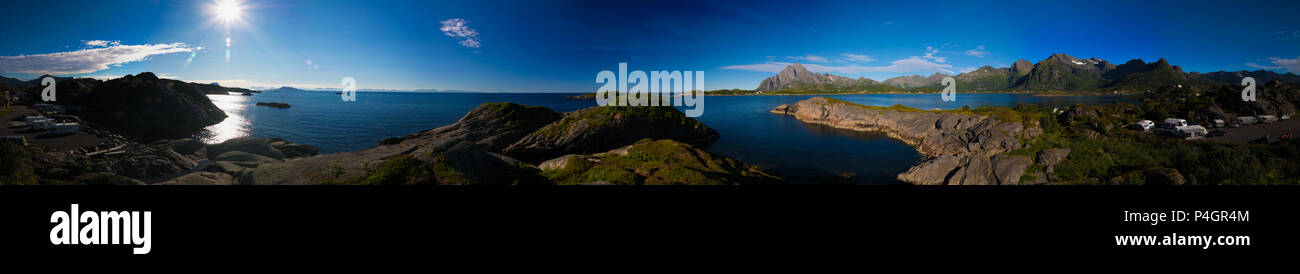 360 degree Panoramic view to Orsvagvaer village and Sandvika fjord , Austvagoy Island, Lofoten, Norway Stock Photo