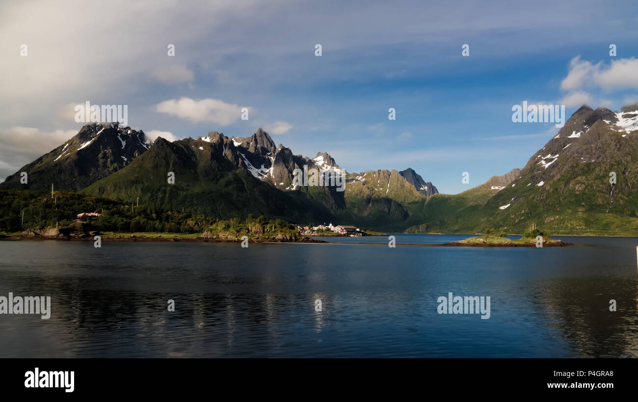 Panoramic view to Sildpollnes village and Urvika fjord, Austvagoy Island, Lofoten, Norway Stock Photo