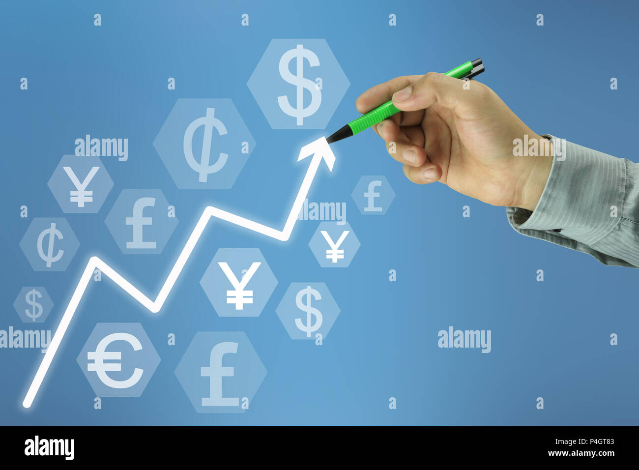 Hand of businessman holds a pen pointing to the top of business arrow ...