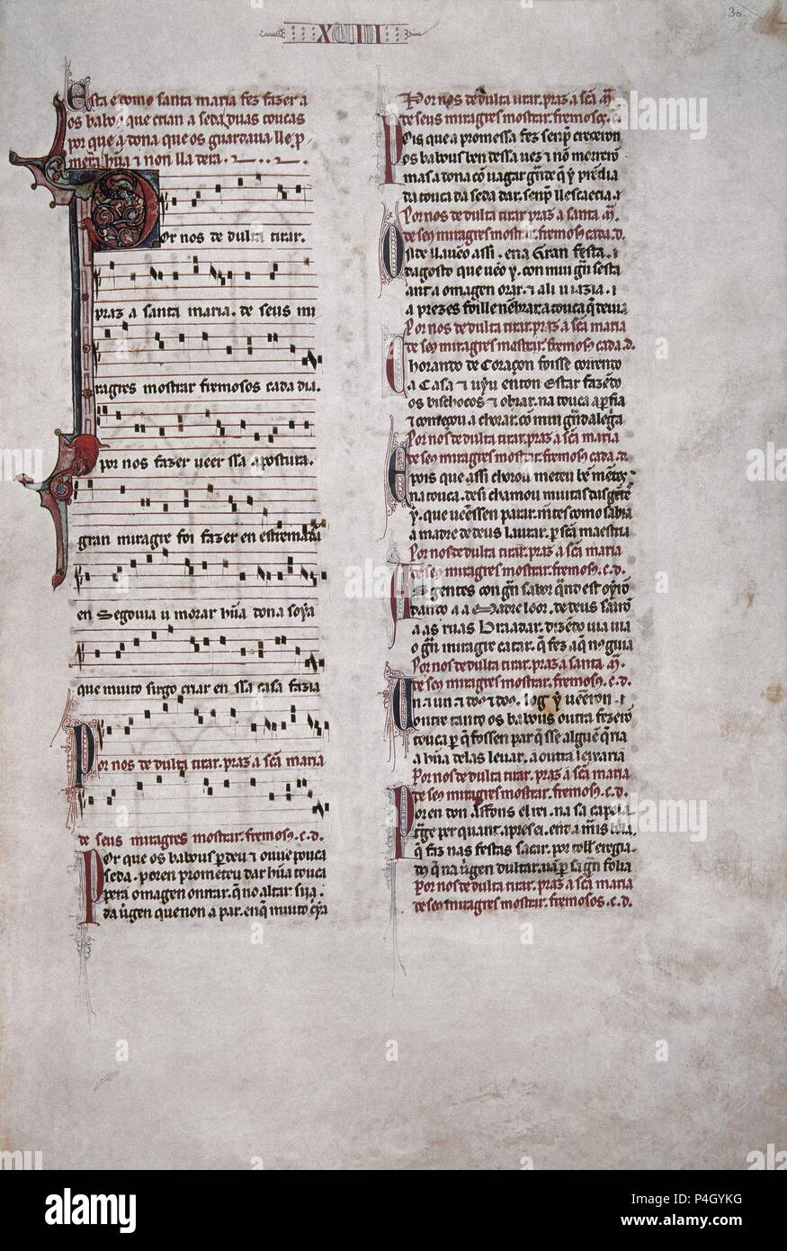 MTI1 - CANTIGA DE SANTA MARIA Nº18 - F30R - TEXTO -ESTROFA EN VERSO GALAICO PORTUGUES - SIGLO XIII. Author: Alfonso X of Castile the Wise (1221-1284). Location: MONASTERIO-BIBLIOTECA-COLECCION, SAN LORENZO DEL ESCORIAL, MADRID, SPAIN. Stock Photo