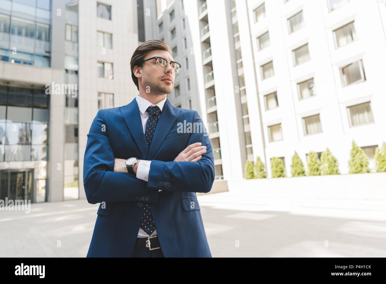 bottom view of serious young businessman in stylish suit with crossed ...