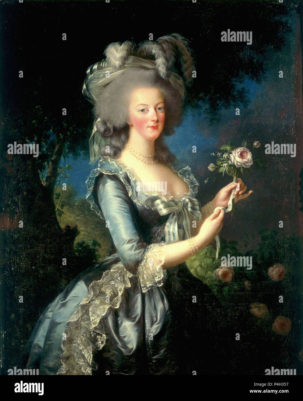 'Marie-Antoinette with the Rose', 1783, Oil on canvas, 130 x 87 cm. Author: Louise Élisabeth Vigée Le Brun (1755-1842). Location: MUSEO PALACIO, VERSAILLES, FRANCE. Also known as: RETRATO DE MARIA ANTONIETA DE AUSTRIA (1755-1793) REINA DE FRANCIA CON UNA ROSA. Stock Photo