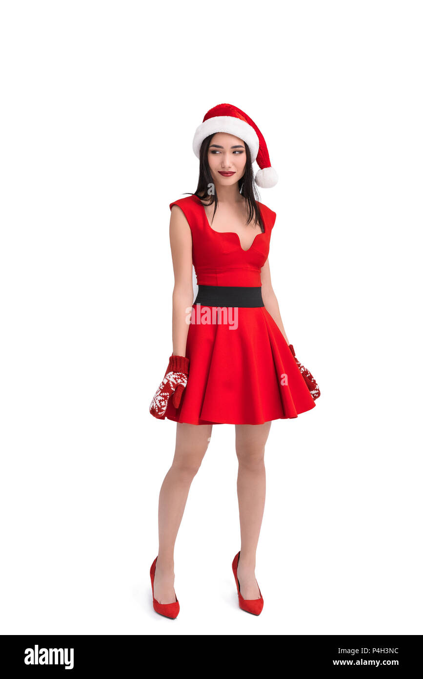 asian woman in santa costume and mittens isolated on white Stock Photo -  Alamy