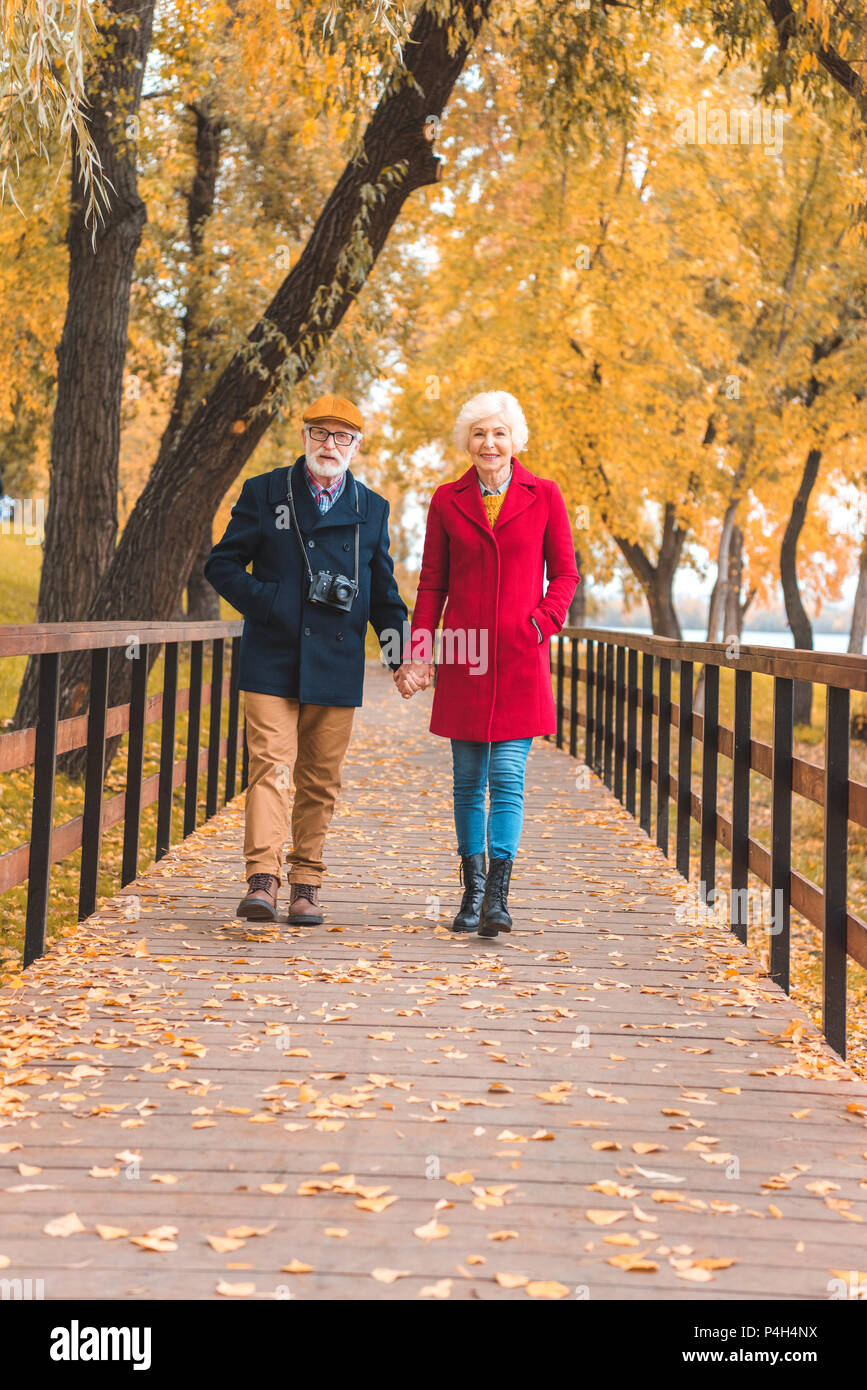 happy senior couple holding hands and walking in autumn park Stock ...