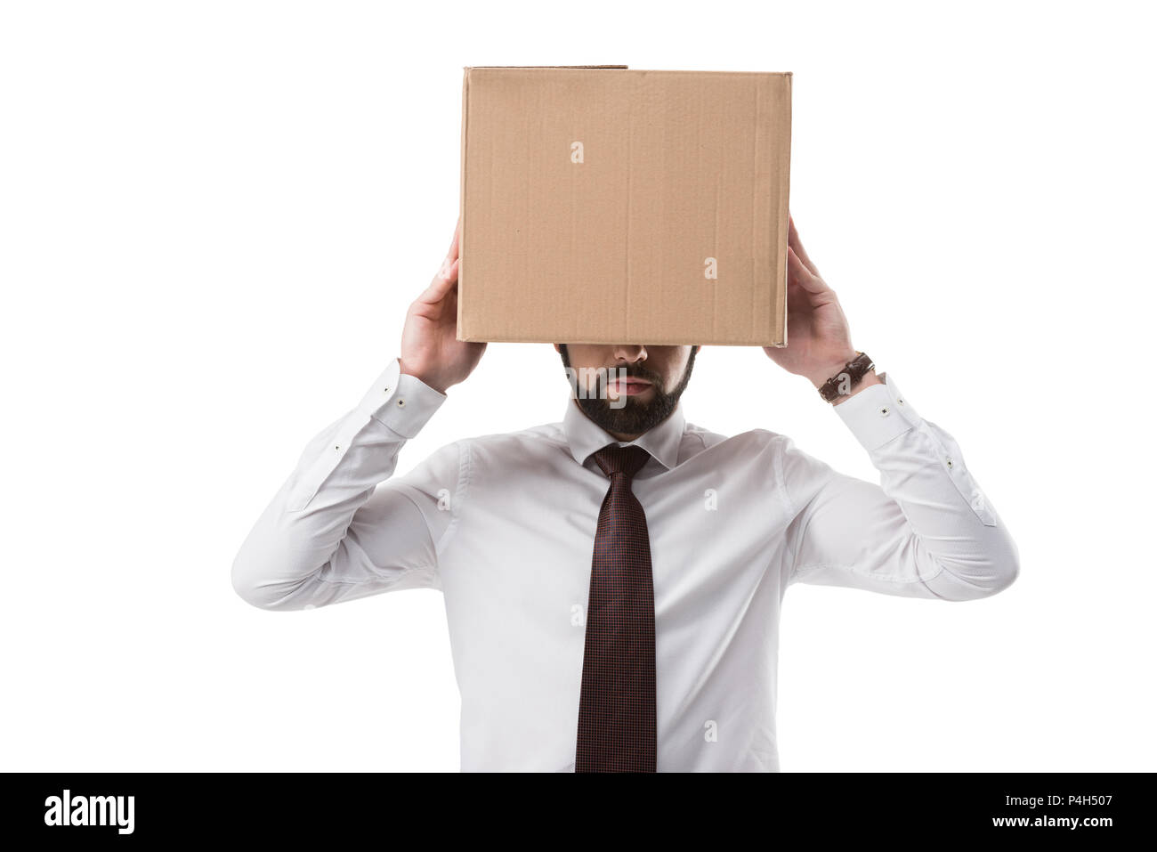 businessman with cardboard box on his head, isolated on white Stock ...