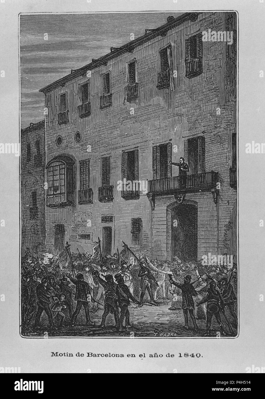 MOTIN DE BARCELONA - 1840 - GRABADO SIGLO XIX. Author: J. Padro (19th cent.). Location: MUSEO ROMANTICO-GRABADO, MADRID, SPAIN. Stock Photo