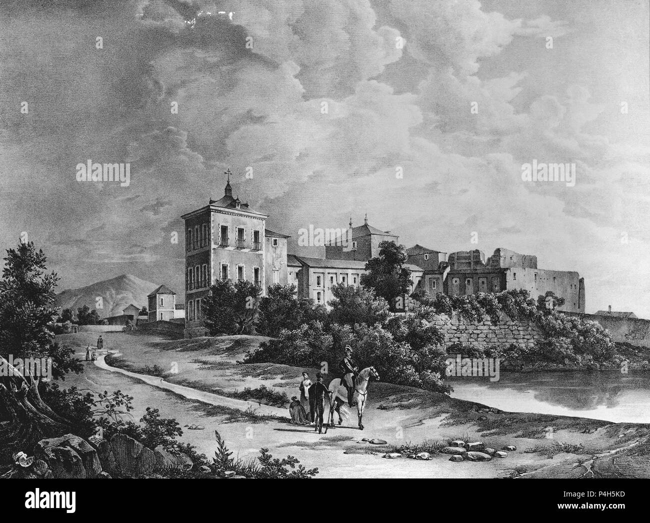 VISTA GENERAL DEL REAL PALACIO DE VALSAIN TOMADA DESDE EL MEDIODIA - GRABADO SIGLO XIX. Author: Fernando Brambila (1763-1832). Location: MUSEO ROMANTICO-GRABADO, MADRID, SPAIN. Stock Photo