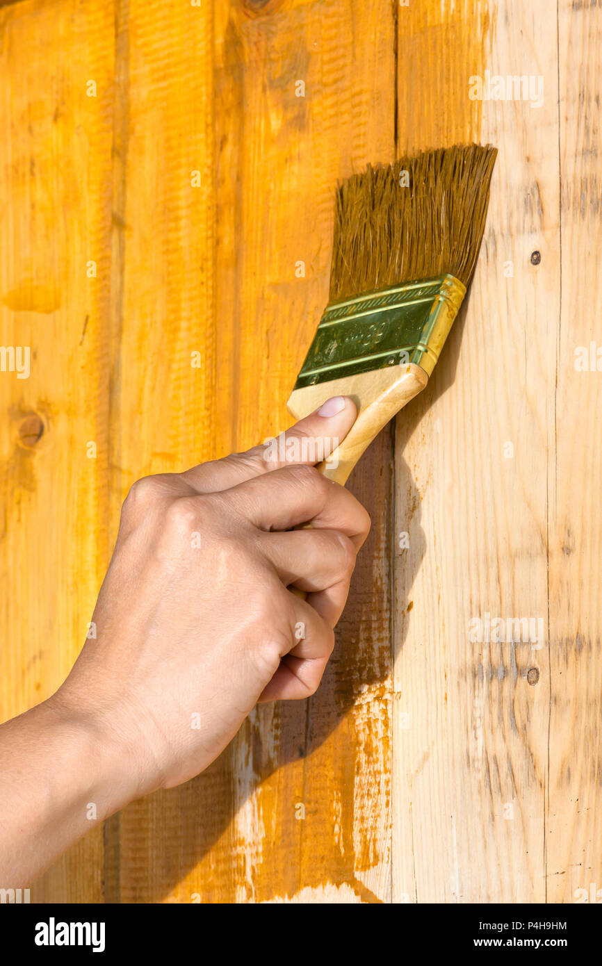 hand painting wood boards with brush, closeup Stock Photo