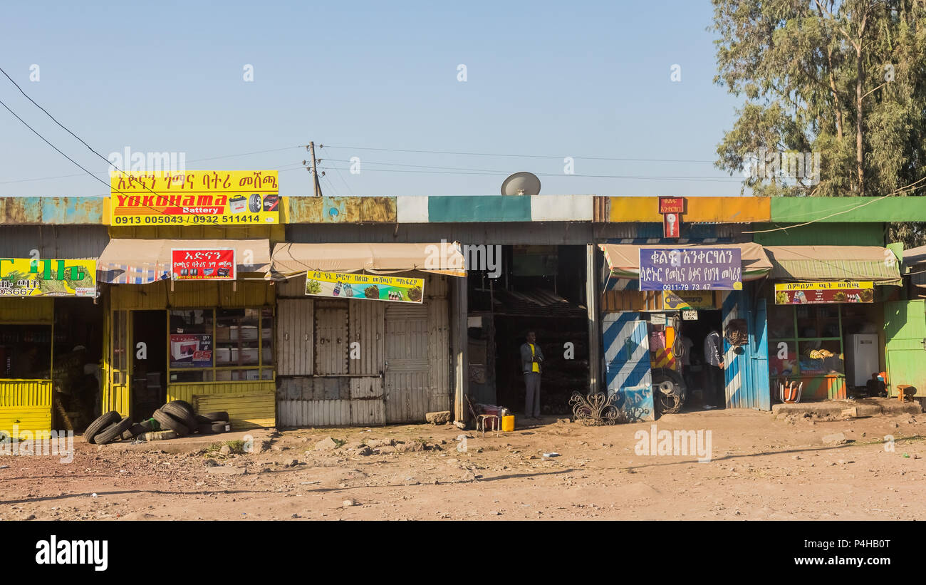Addis Ababa, Ethiopia, January 30, 2014, Small colorful grocery shops