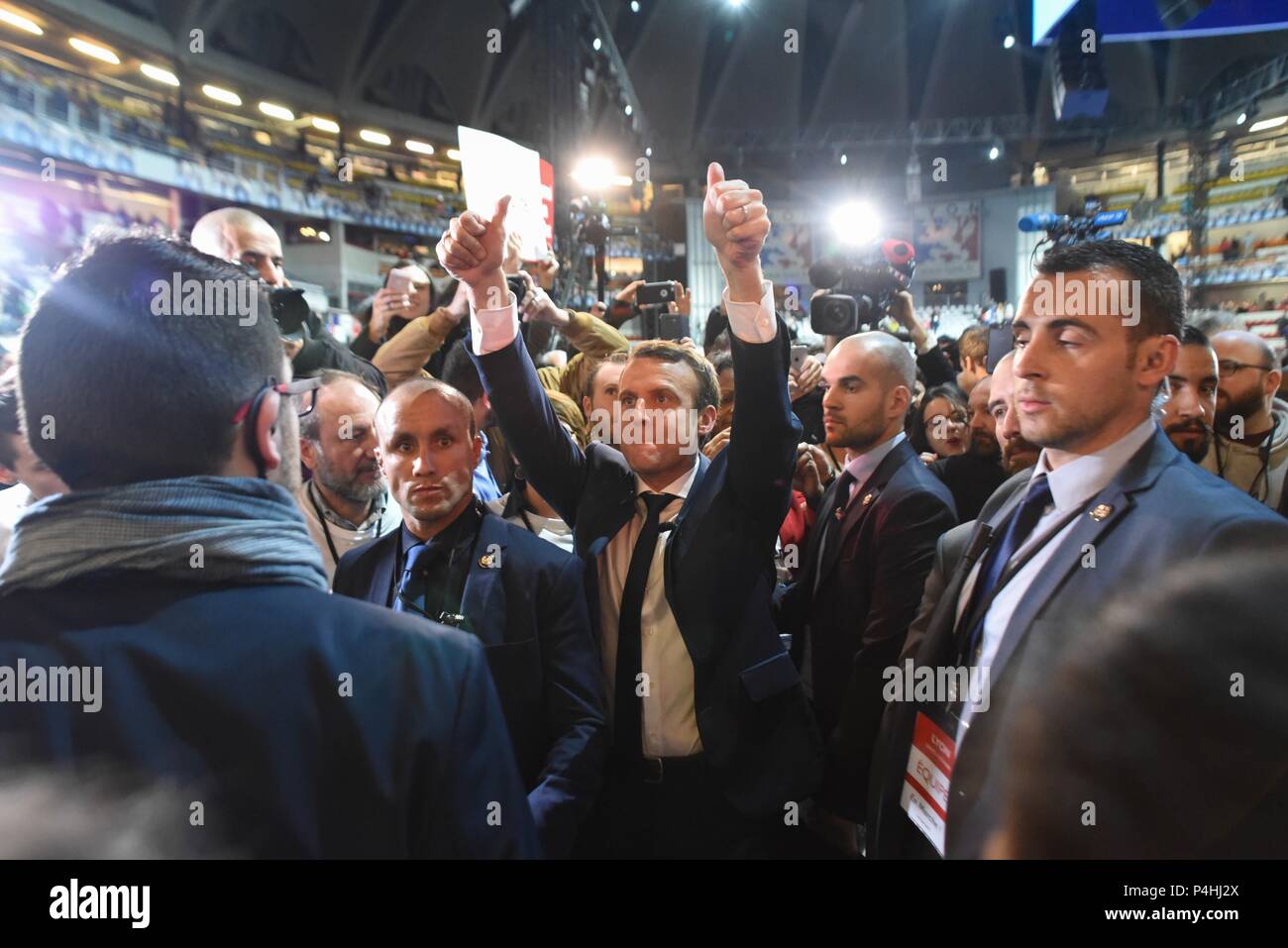 February 4 2017 Lyon France Emmanuel Macron Attends A Mass Campaign Rally In Lyon The Former Economy Minister And His En Marche Movement Has Become One Of The Top Contender In
