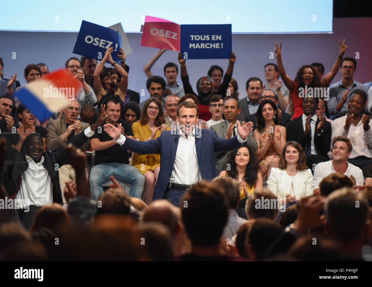 July 12, 2016 - Paris, France: French economy minister Emmanuel Macron holds the first political rally of his movement 'En Marche!' ('On the Move!'), at the Maison de la Mutualite, an event widely seen as a prelude to a run for the 2017 presidential election. Emmanuel Macron tient son premier grand rassemblement politique avec son mouvement 'En Marche!', premier jalon de sa campagne pour la prŽsidentielle de 2017. Stock Photo