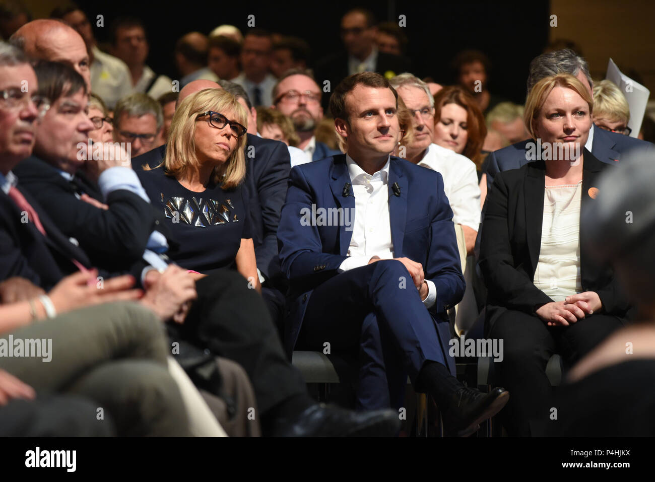 July 12, 2016 - Paris, France: French economy minister Emmanuel Macron holds the first political rally of his movement 'En Marche!' ('On the Move!'), at the Maison de la Mutualite, an event widely seen as a prelude to a run for the 2017 presidential election. Emmanuel Macron tient son premier grand rassemblement politique avec son mouvement 'En Marche!', premier jalon de sa campagne pour la prŽsidentielle de 2017. Stock Photo