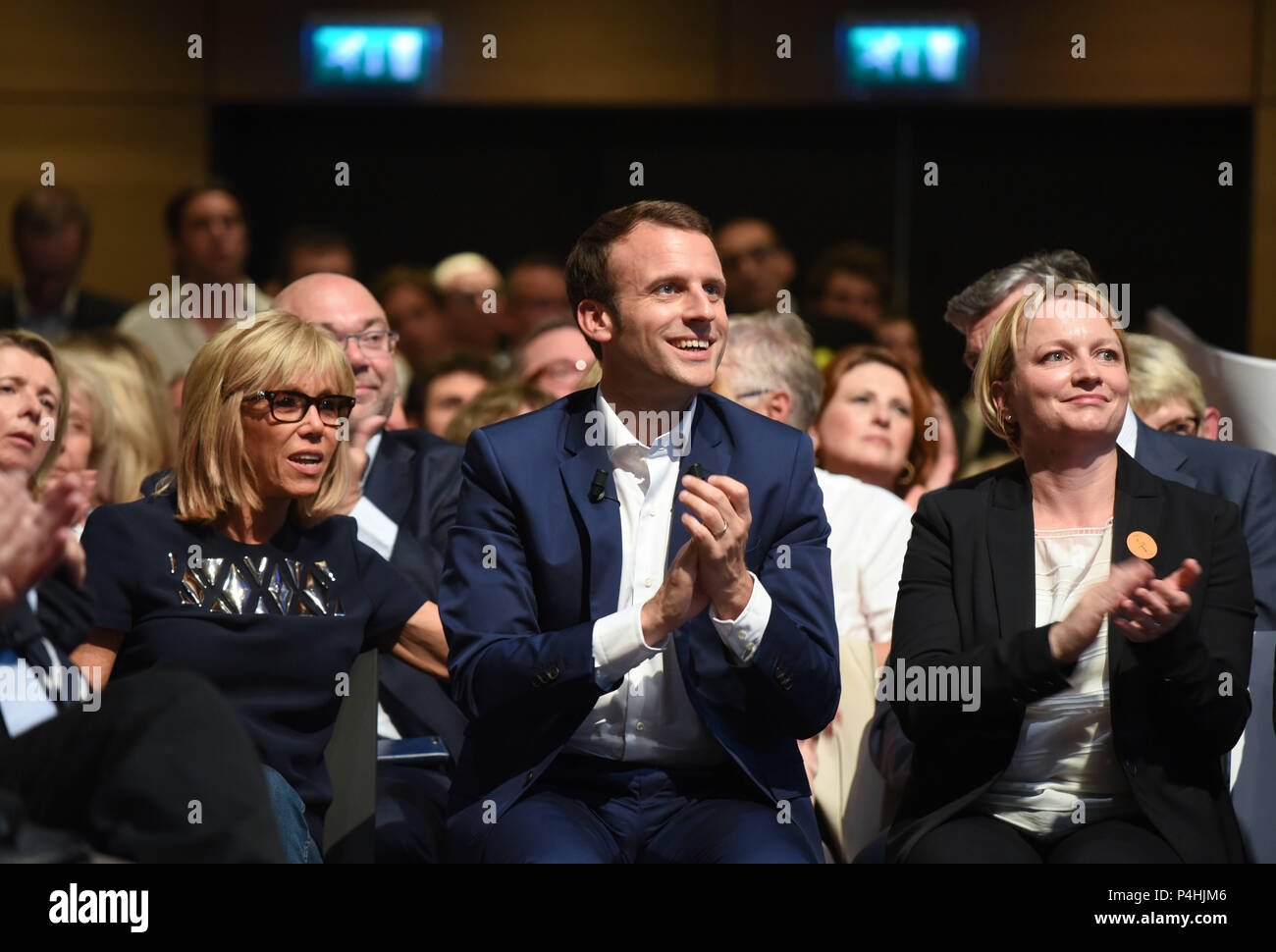 July 12, 2016 - Paris, France: French economy minister Emmanuel Macron holds the first political rally of his movement 'En Marche!' ('On the Move!'), at the Maison de la Mutualite, an event widely seen as a prelude to a run for the 2017 presidential election. Emmanuel Macron tient son premier grand rassemblement politique avec son mouvement 'En Marche!', premier jalon de sa campagne pour la prŽsidentielle de 2017. Stock Photo