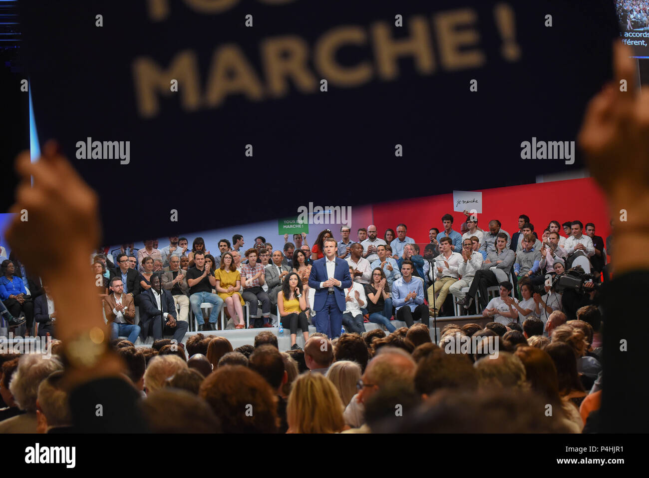 July 12, 2016 - Paris, France: French economy minister Emmanuel Macron holds the first political rally of his movement 'En Marche!' ('On the Move!'), at the Maison de la Mutualite, an event widely seen as a prelude to a run for the 2017 presidential election. Emmanuel Macron tient son premier grand rassemblement politique avec son mouvement 'En Marche!', premier jalon de sa campagne pour la prŽsidentielle de 2017. Stock Photo