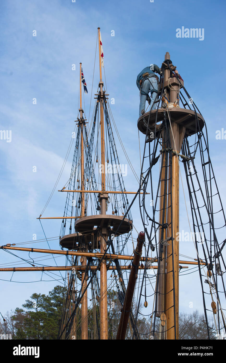 Rigging disassembly proceeds on historic sailing ship, a 17th century recreation, at Jamestown Settlement Pier, historic Jamestown,Virginia, US. Stock Photo