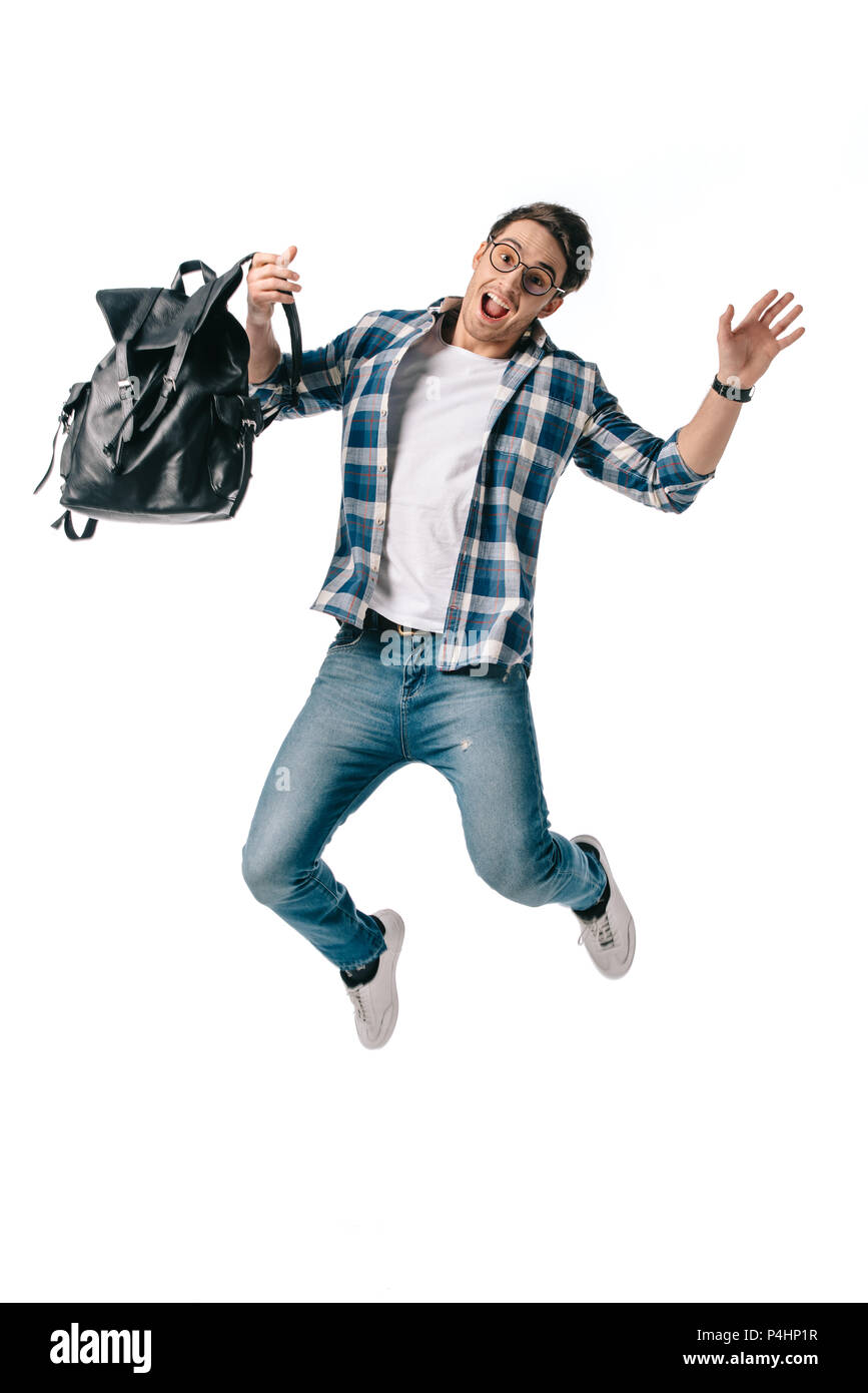 screaming student jumping with backpack isolated on white Stock Photo