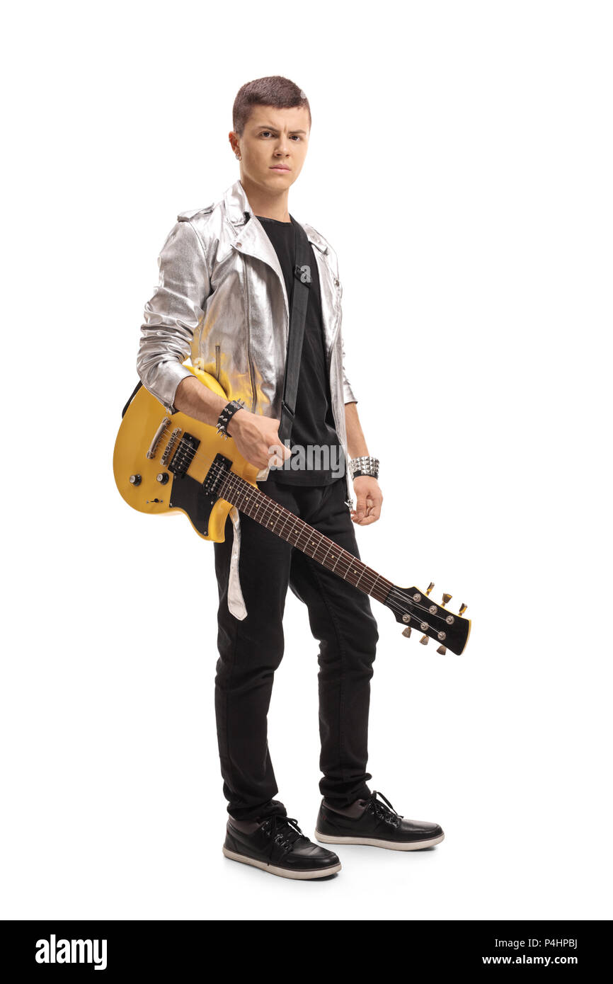 Full length portrait of a teenager with an electric guitar isolated on white background Stock Photo