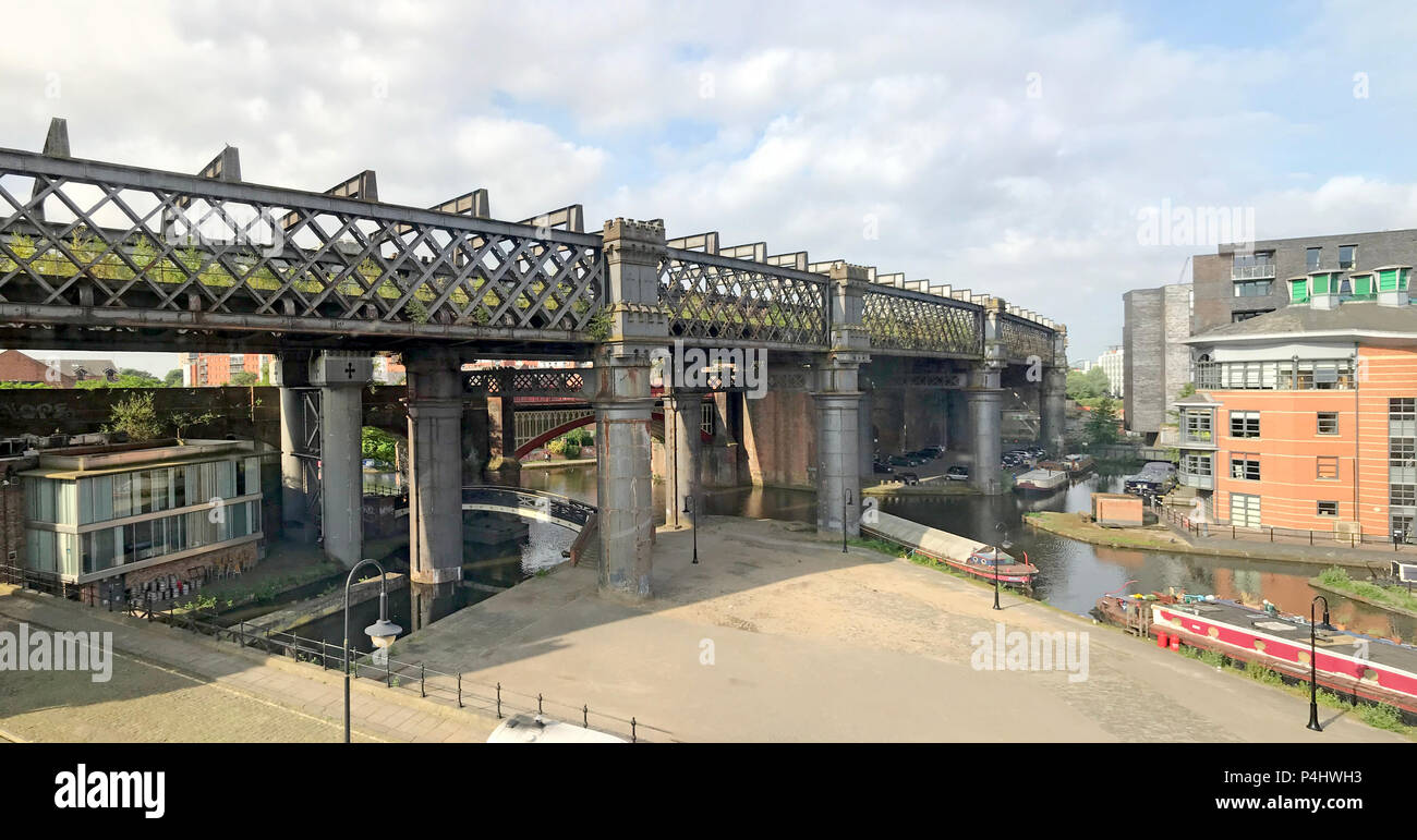 Castlefield railway viaduct,Metrolink,Trans-Pennine Express,west Manchester,pano,panorama,North West England, UK, M3 Stock Photo