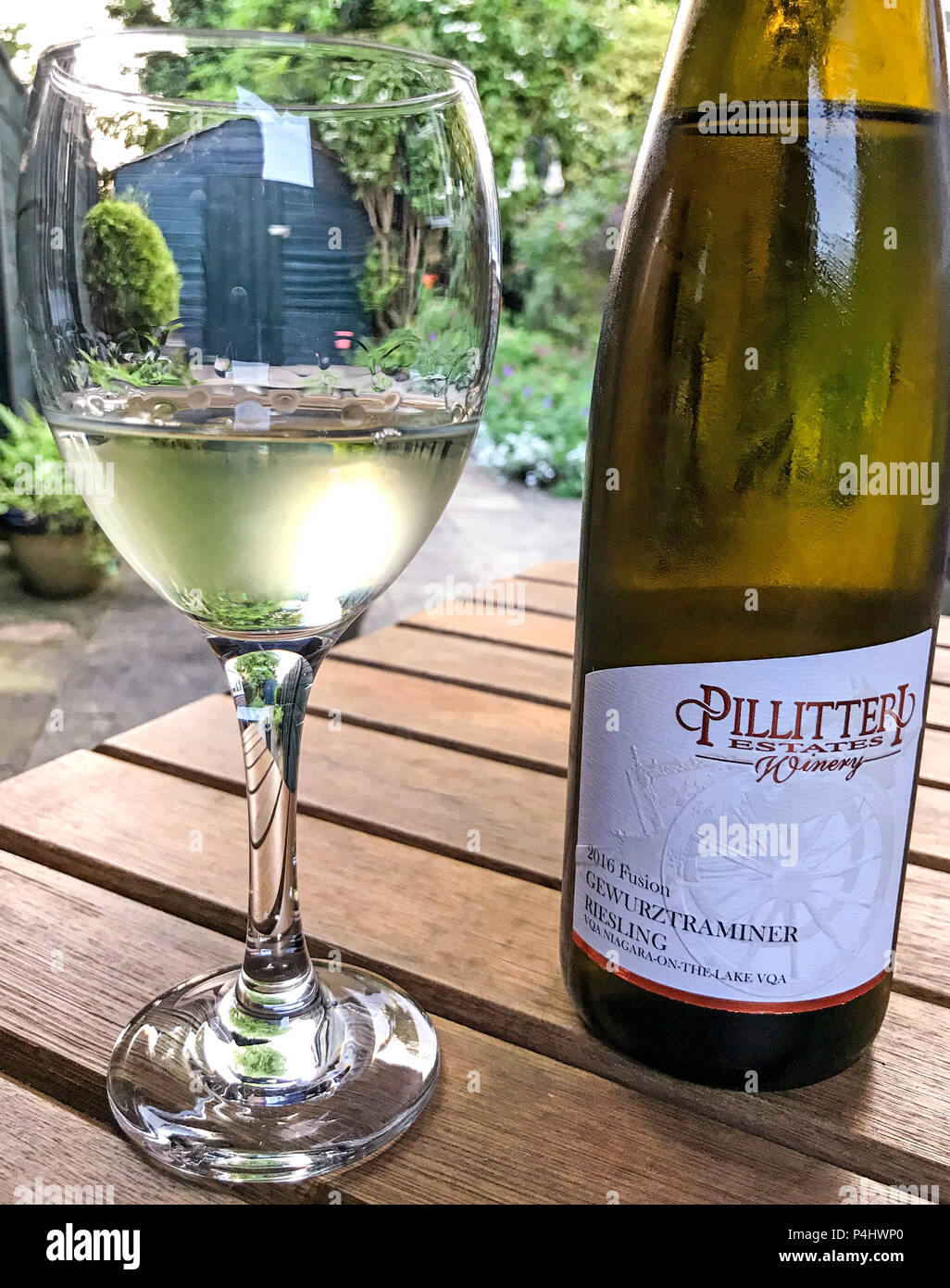 Canadian Pillitteri Estates Winery 2016, Fusion Gewurztraminer Riesling vqa niagara-on-the-lake white wine, bottle and glass Stock Photo