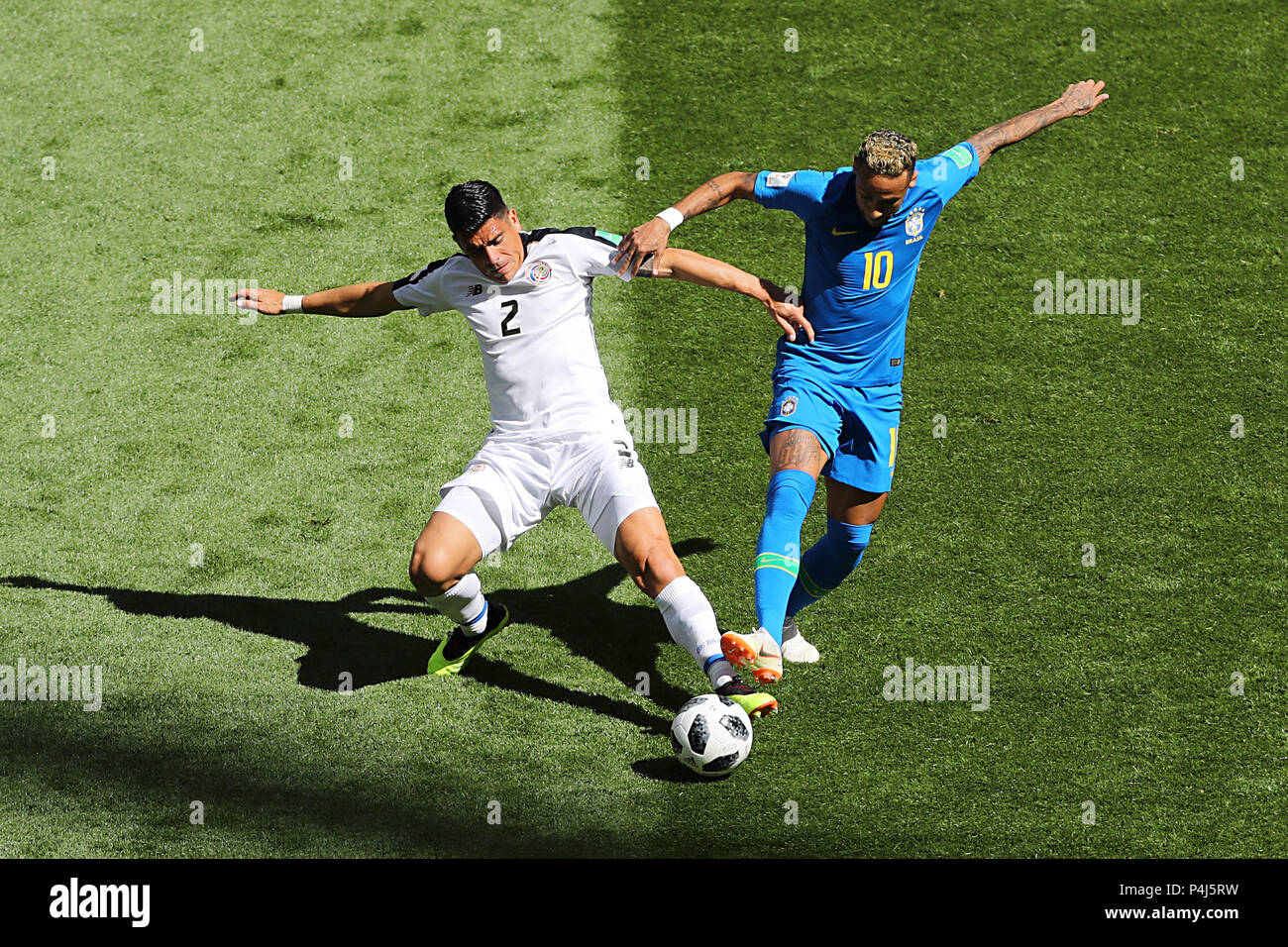 Costa Rica's Johnny Acosta (left) and Brazil's Neymar battle for the ball during the FIFA World Cup Group E match at Saint Petersburg Stadium, Russia. Stock Photo