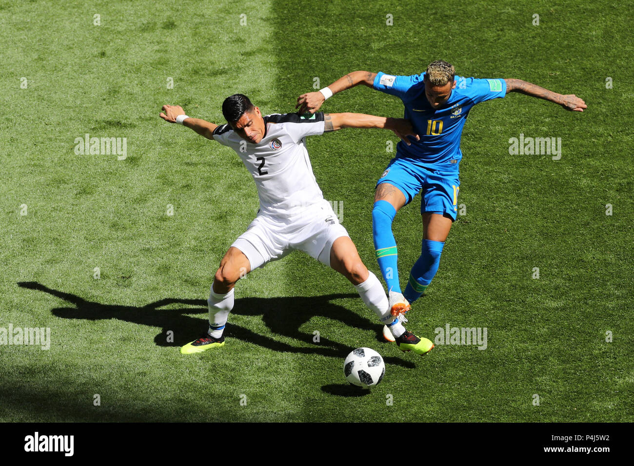 Costa Rica's Johnny Acosta (left) and Brazil's Neymar battle for the ball during the FIFA World Cup Group E match at Saint Petersburg Stadium, Russia. Stock Photo