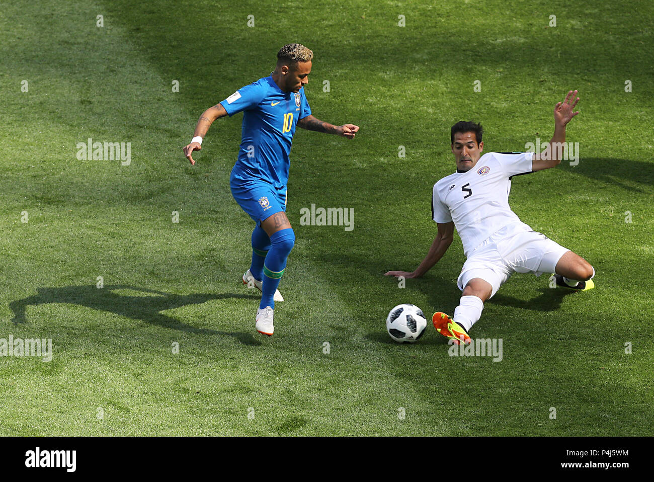 Brazil's Neymar (left) and Costa Rica's Celso Borges battle for the ball during the FIFA World Cup Group E match at Saint Petersburg Stadium, Russia. Stock Photo