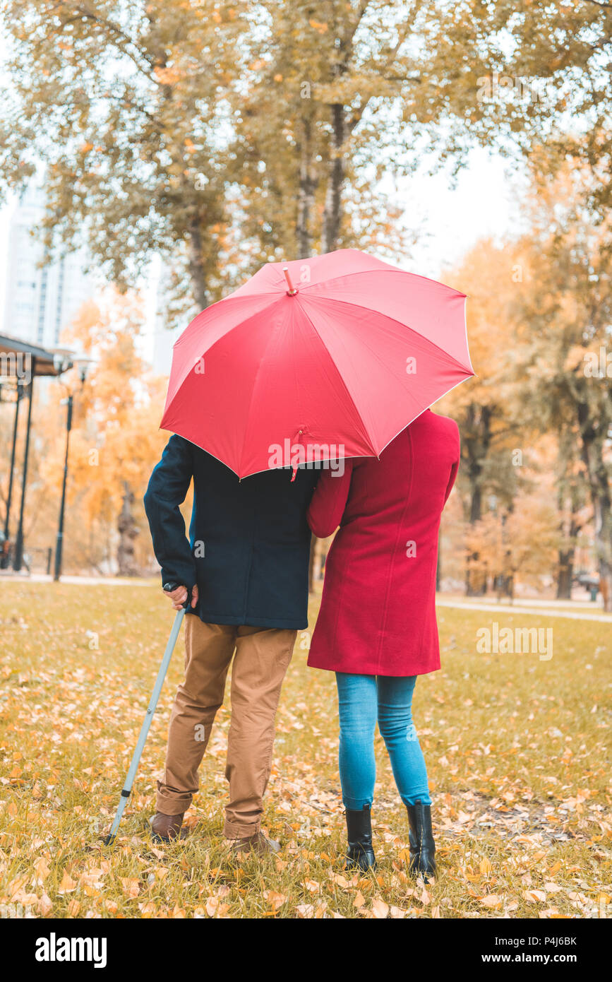 rear view of couple with umbrella standing in autumn park Stock Photo ...