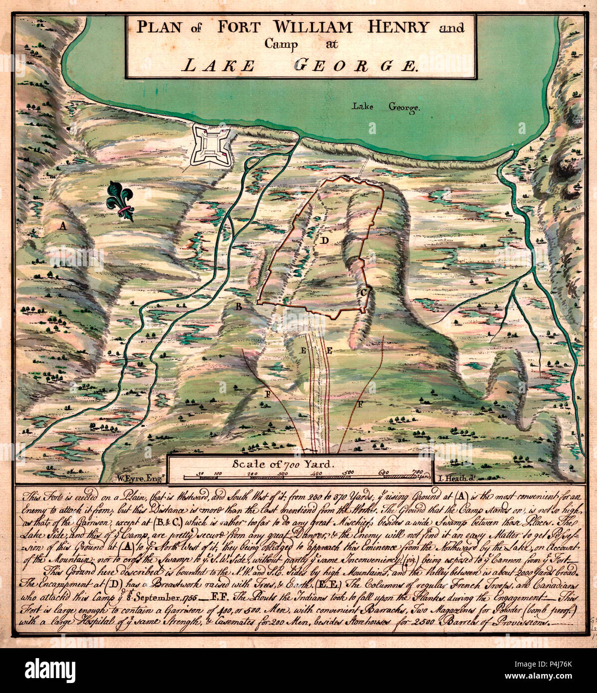 Plan of Fort William Henry and Camp at Lake George, circa 1760 Stock Photo