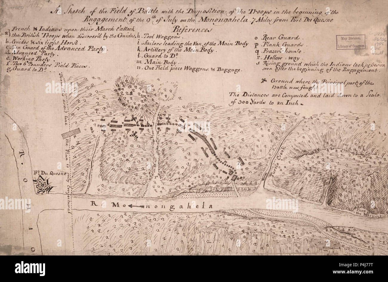 The Battle of the Monongahela This manuscript penandink map shows
