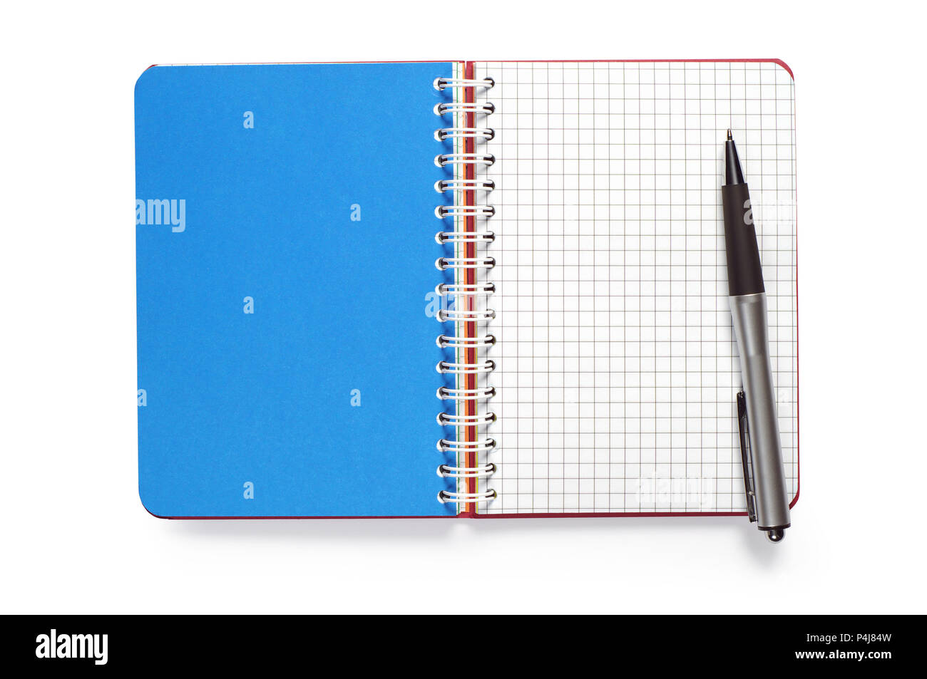 Opened notepad with empty page and pen on a white background Stock Photo