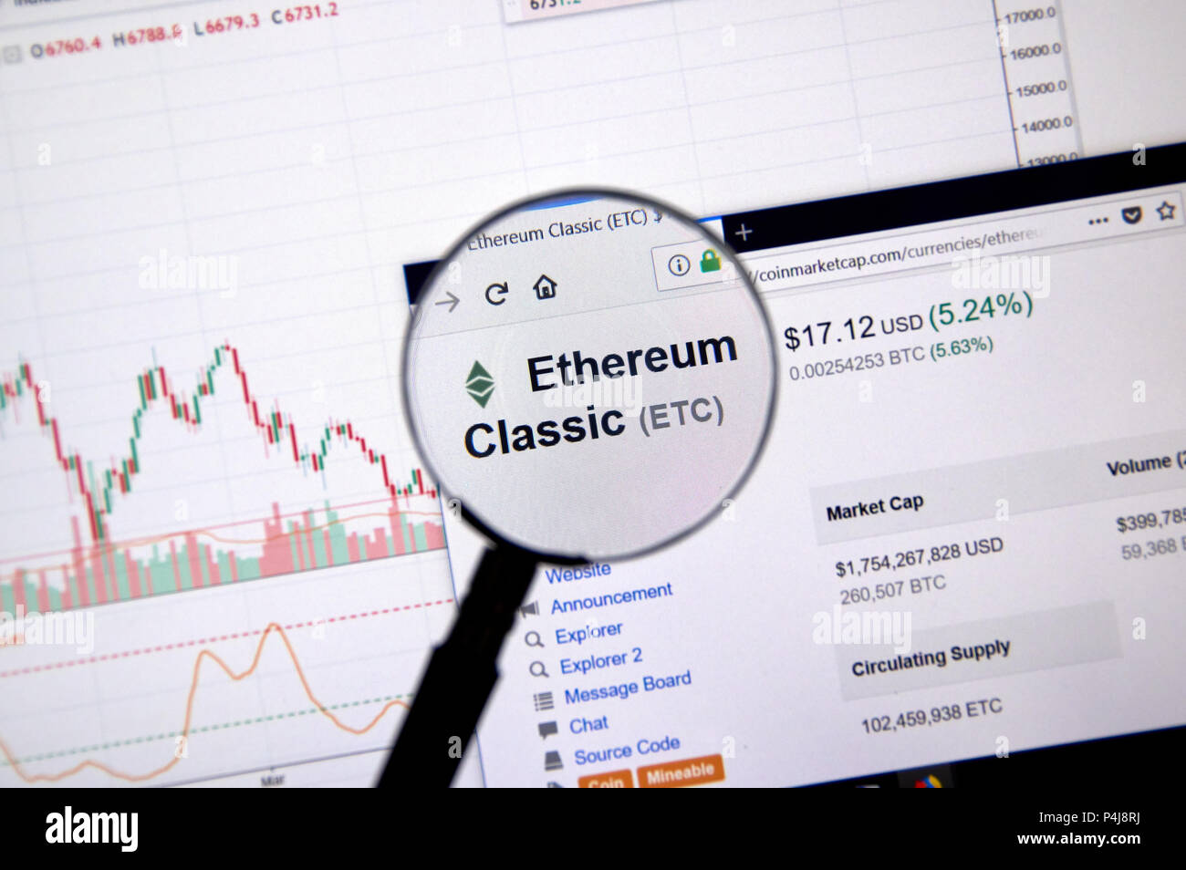 MONTREAL, CANADA - JUNE 20, 2018: Ethereum Classic crypto currency price. Cryptocurrency is a digital currency in which encryption techniques are used Stock Photo