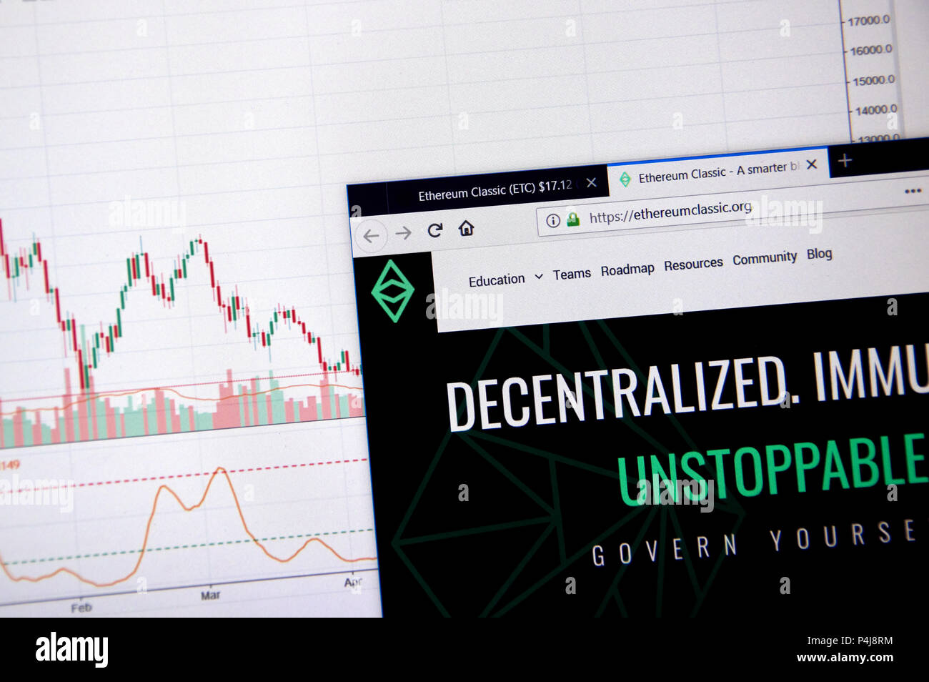 MONTREAL, CANADA - JUNE 20, 2018: Ethereum Classic crypto currency home page. Cryptocurrency is a digital currency in which encryption techniques are  Stock Photo