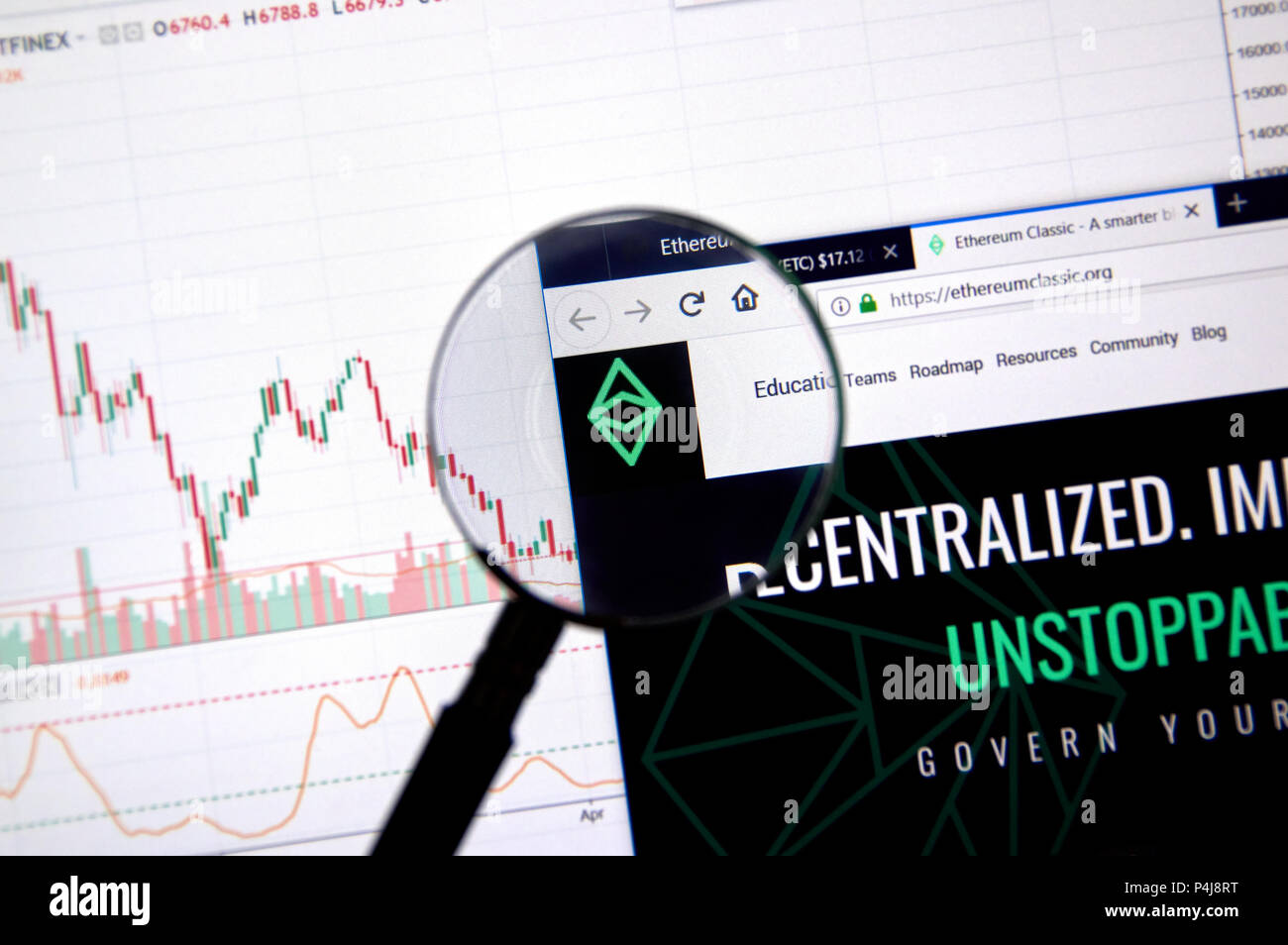 MONTREAL, CANADA - JUNE 20, 2018: Ethereum Classic crypto currency home page. Cryptocurrency is a digital currency in which encryption techniques are  Stock Photo