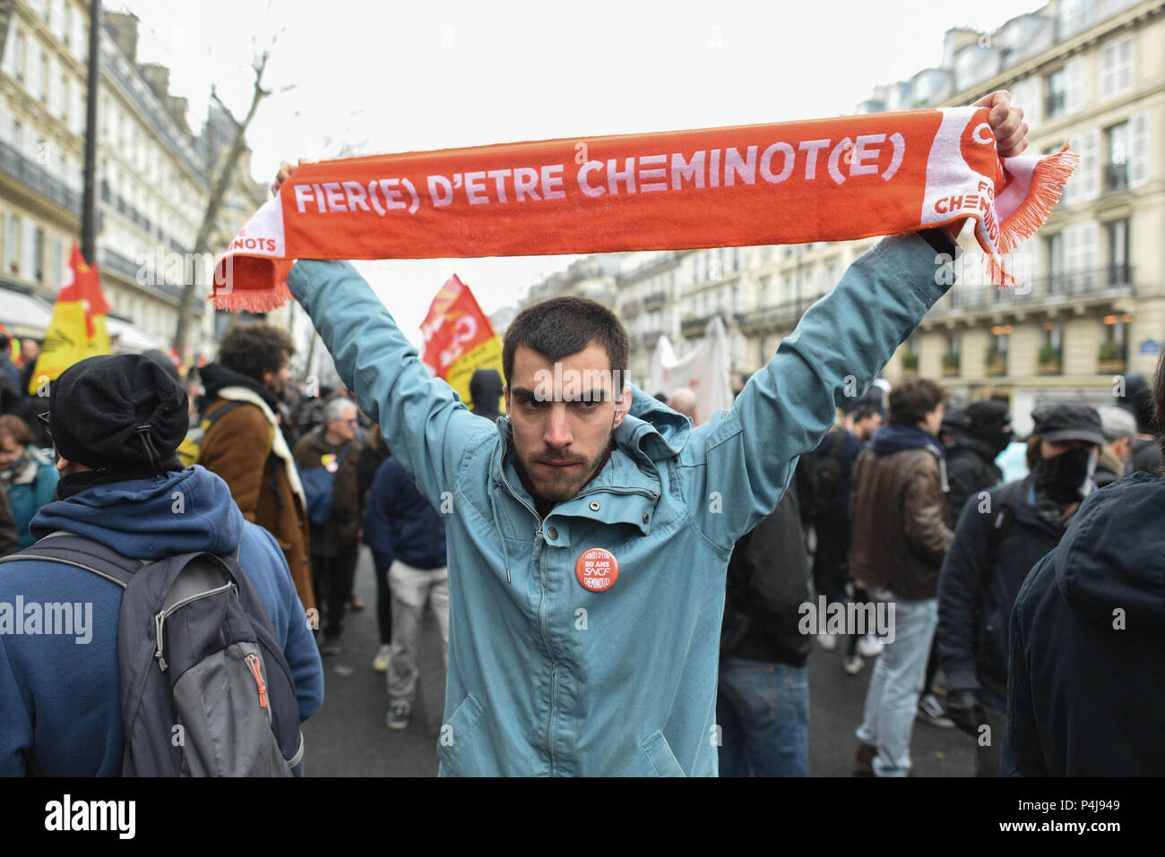 March 22, 2018 - Paris, France: French rail workers and civil servants take part in a street protest against president Emmanuel Macron's labour reform plans. Hundreds of thousands of workers rallied across the country to defend their rights on a date, March 22, that echoes the start of student protests in 1968.  Manifestation de cheminots. Stock Photo