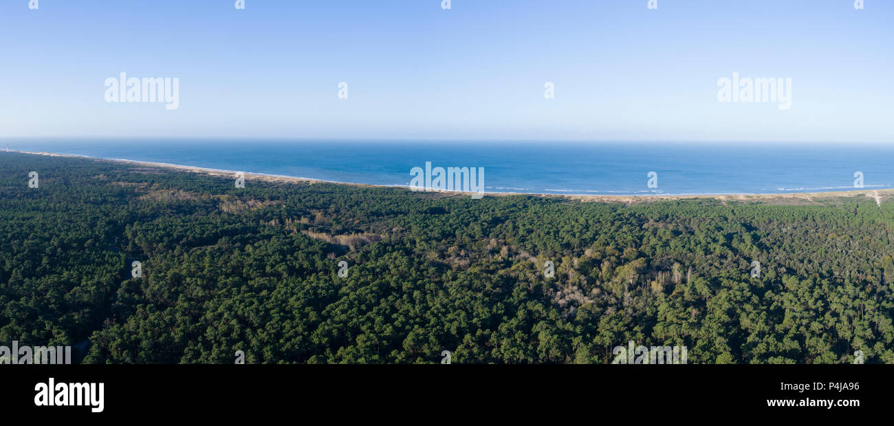 France, Charente Maritime, Cote de Beaute, Pointe de la Coubre, La Tremblade, sand dunes and the Cote sauvage (the Wild Coast) (aerial view) // France Stock Photo