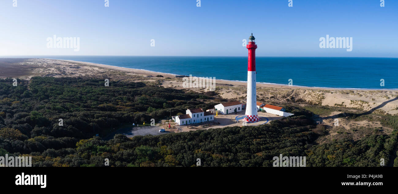 France, Charente Maritime, Cote de Beaute, Pointe de la Coubre, La Tremblade, the Coubre lighthouse and the Cote sauvage (the Wild Coast) (aerial view Stock Photo